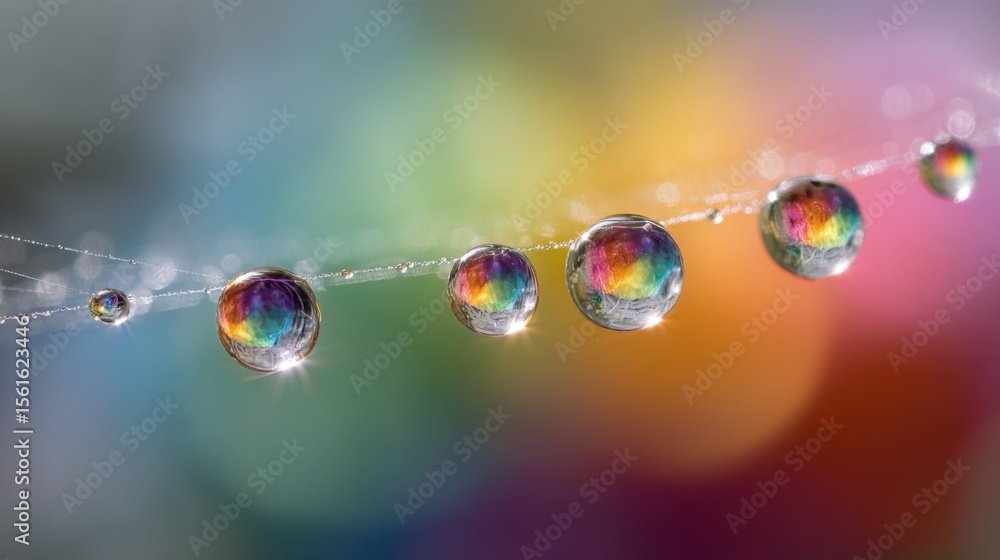 Fototapeta premium Colorful water droplets on a spider web with a vibrant blurred background in macro view.