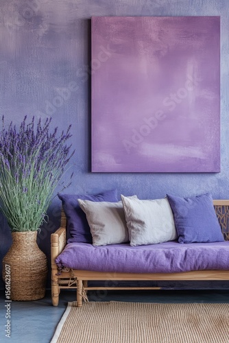 Purple room with lavender, couch, art