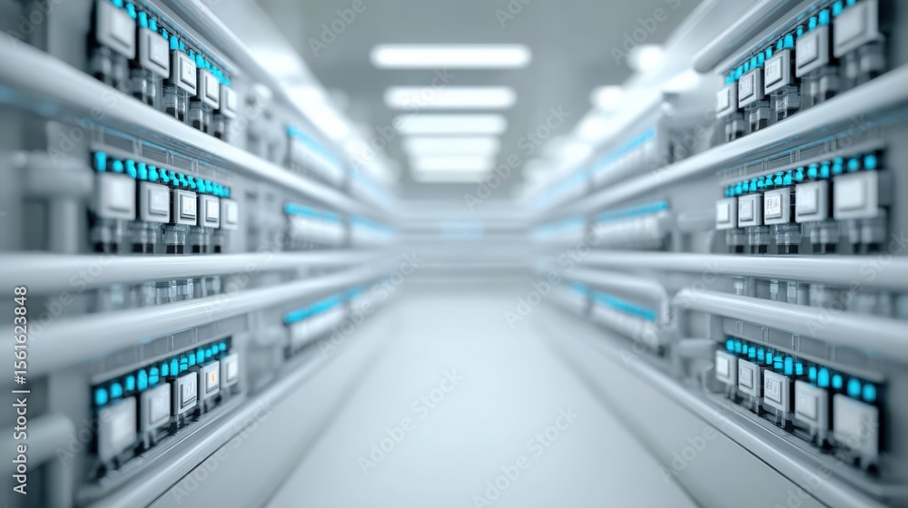 Fototapeta premium Futuristic data server room with sleek technology and illuminated equipment.