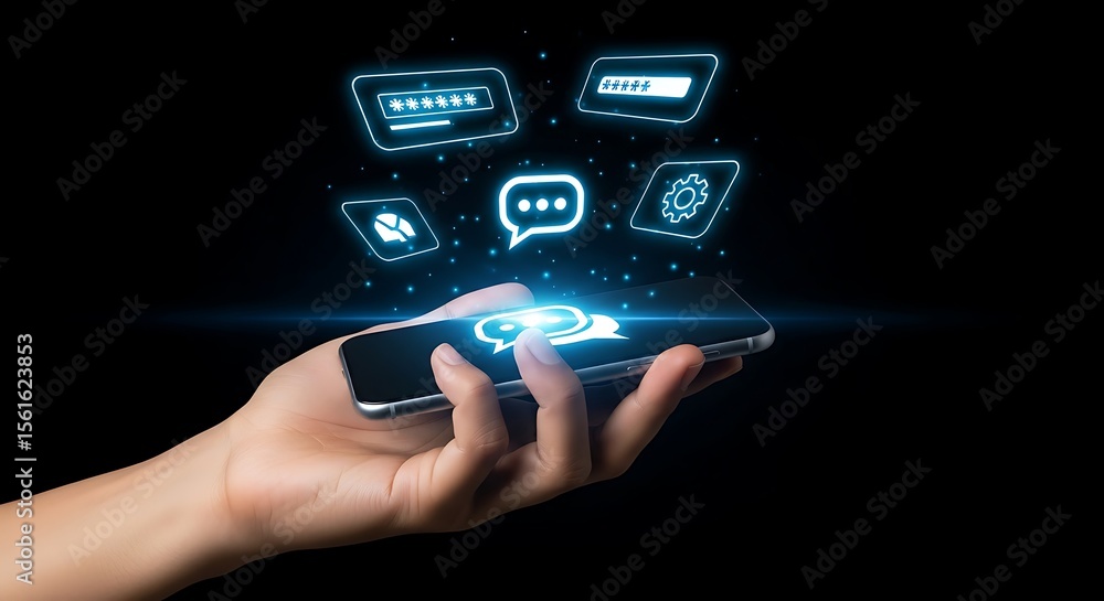 Person holding smartphone with glowing messaging icons on black background Person holding smartphone with glowing messaging icons on black background