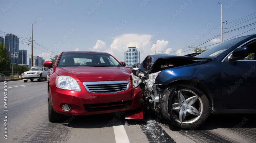 Fototapeta premium Car Collision on Urban Road Featuring Red and Black Vehicles with Visible Damage.
