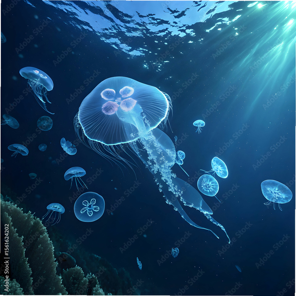 Fototapeta premium top down view of bioluminescent jellyfish glowing