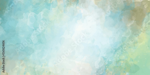 Colorful watercolor background of abstract sunset sky with puffy clouds in bright rainbow colors of pink green blue yellow 