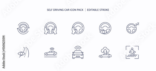 Self driving car technology icon set. Autonomous vehicle innovation for transportation with automation AI tech. Robot assistant eye tracking sleep driver and people cross the road for safety