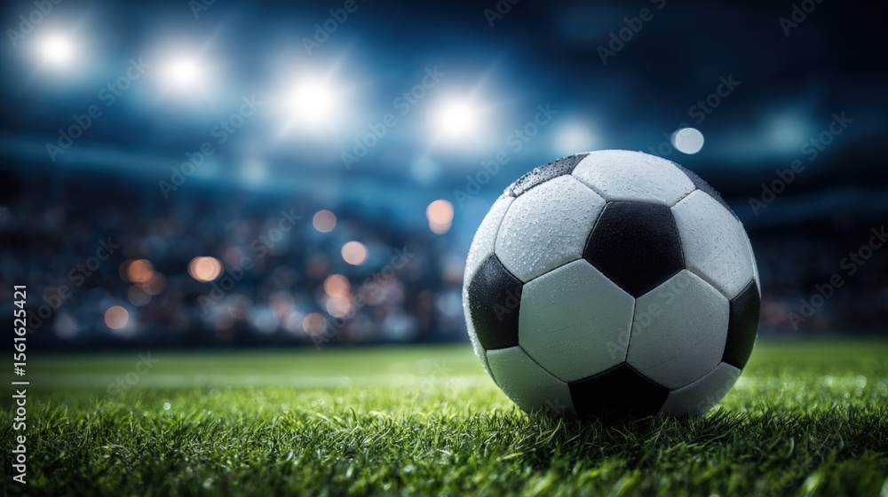 Obraz premium Close-up view of a black and white classic soccer ball on lush green field under stadium lights during match.