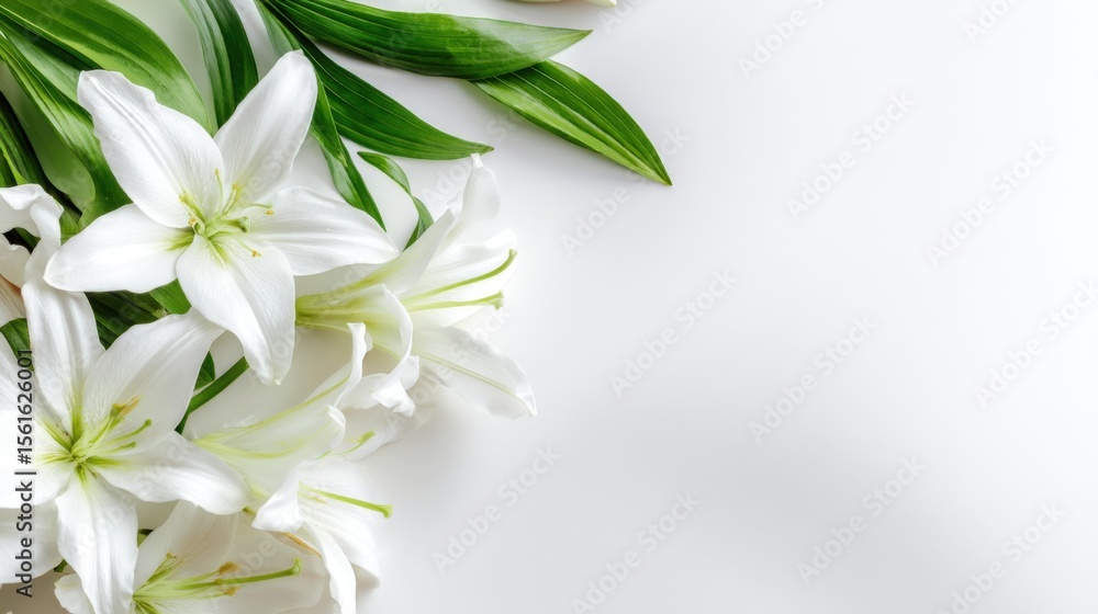 Elegant white lilies with lush green leaves on a clean white background for floral design. Elegant white lilies with lush green leaves on a clean white background for floral design.