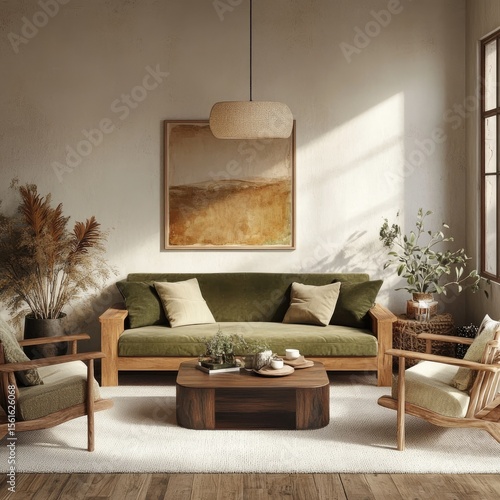 Light-filled living room with natural elements