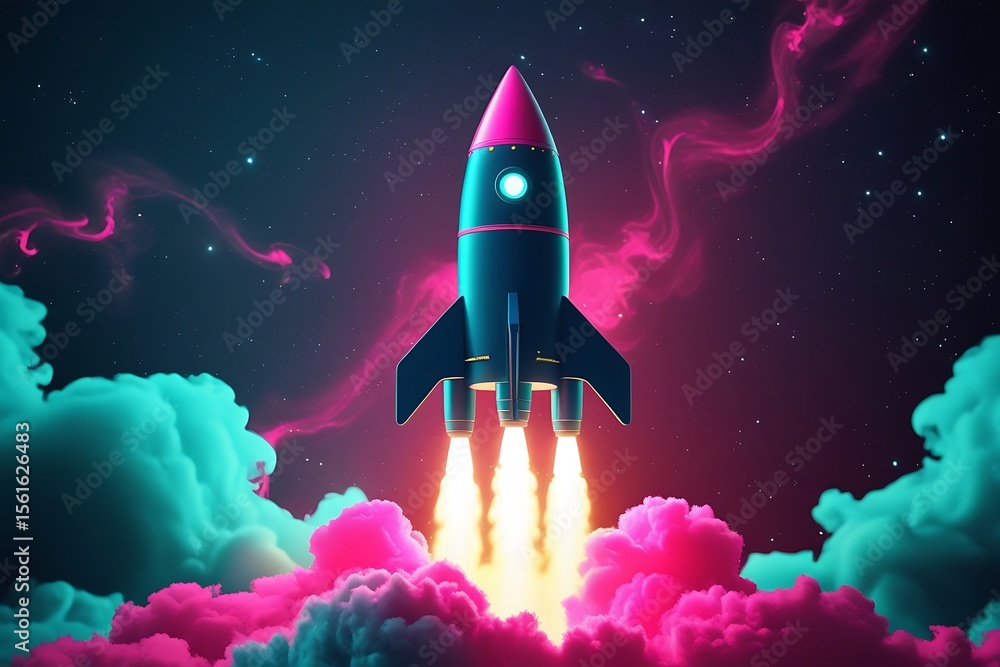 Fototapeta premium Retro Rocket Launching Through Pink and Teal Nebula Clouds