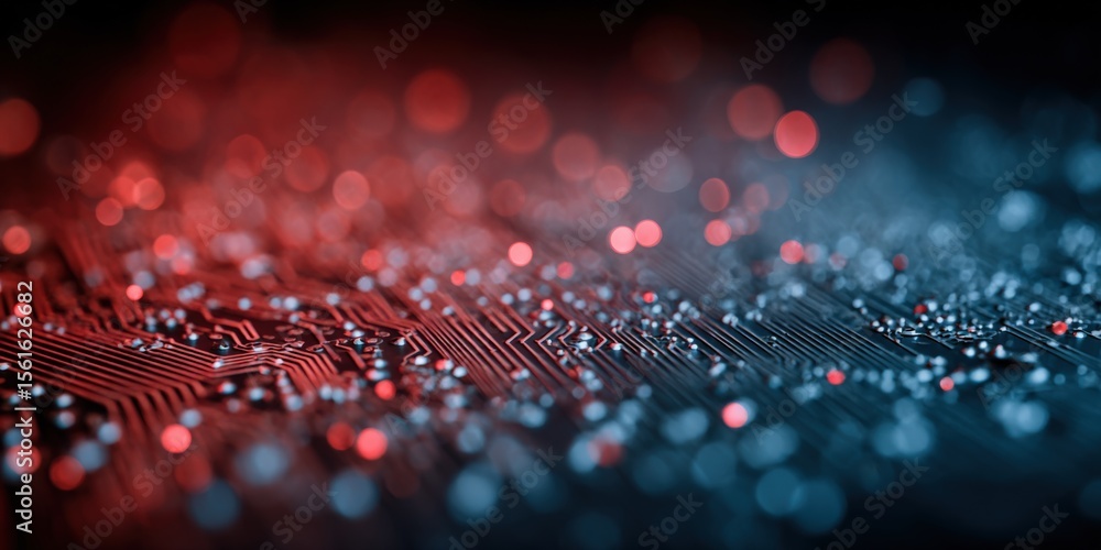 Fototapeta premium Abstract digital technology background with glowing lines and vibrant bokeh lights.