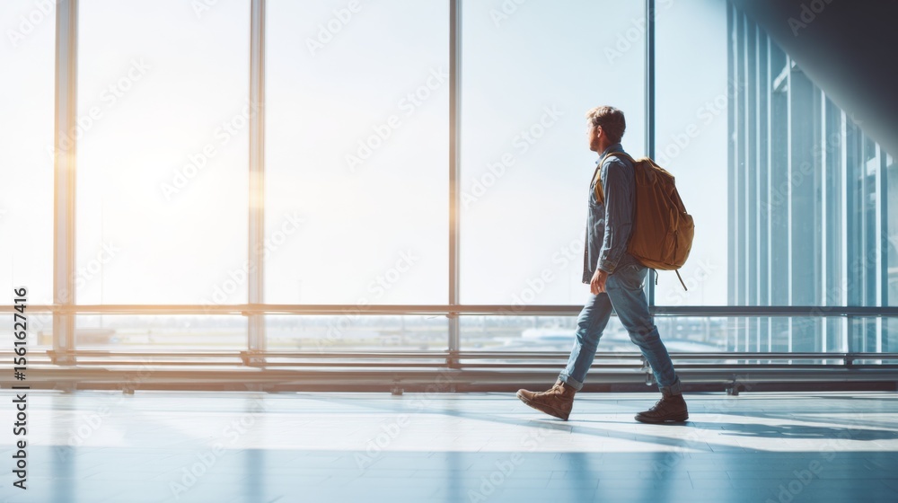 Fototapeta premium Traveler with backpack walking through modern airport terminal with large glass windows.