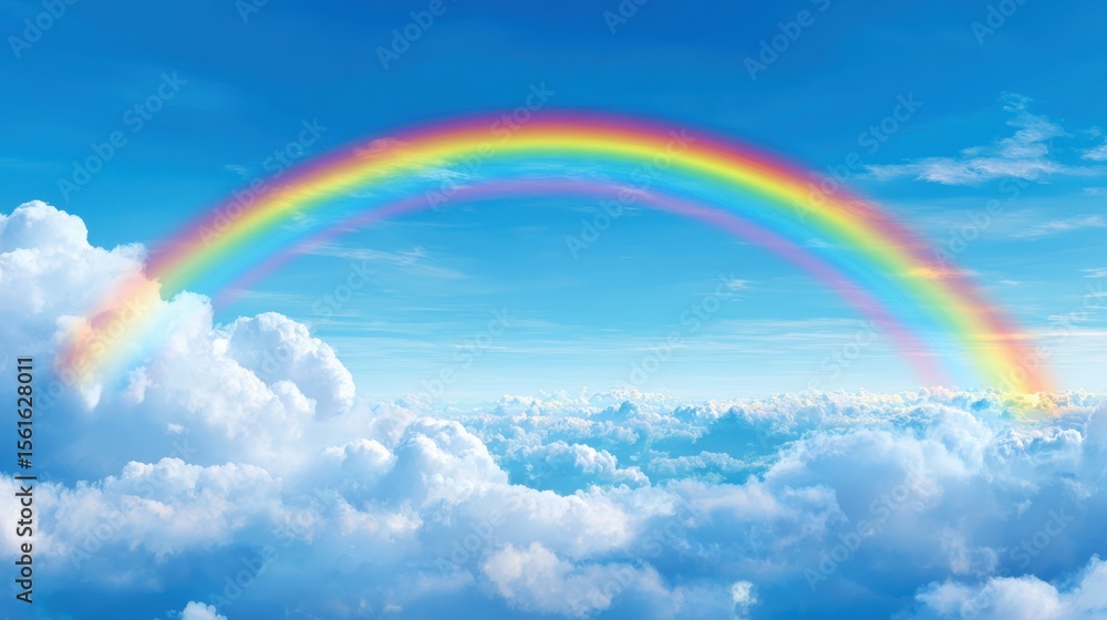 Vibrant Rainbow Arching Across Blue Sky with Fluffy Clouds and Sunlight. Vibrant Rainbow Arching Across Blue Sky with Fluffy Clouds and Sunlight.