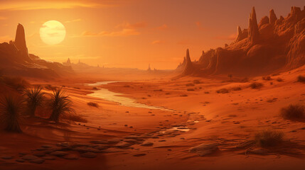 Crédence de cuisine Rouge View of an oasis in the Sahara desert at sunset  © alexkich