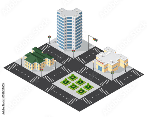 Isometric cityscape with skyscraper, supermarket, and park