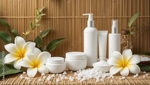 White cosmetic containers with plumeria flowers, bath salts, and spa accessories on bamboo mat. Perfect for skincare, wellness, spa, or beauty product branding and advertisement.