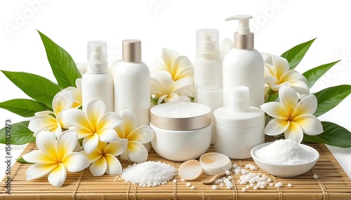 White cosmetic containers with plumeria flowers, bath salts, and spa accessories on bamboo mat. Perfect for skincare, wellness, spa, or beauty product branding and advertisement.