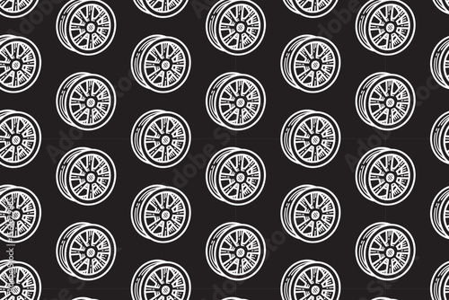 multi spoke car line art seamless pattern on black background. car wheel rim engraving doodle pattern background. alloy rim racing hatching wallpaper for garage, workshop, detailing, exterior merch