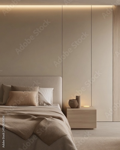 Beige bedroom interior, minimalist style