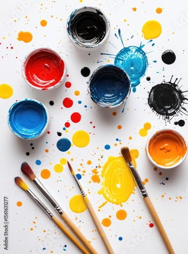 Wallpaper Mural Colorful paint containers and brushes scattered on white background, showcasing vibrant splashes and drips Torontodigital.ca