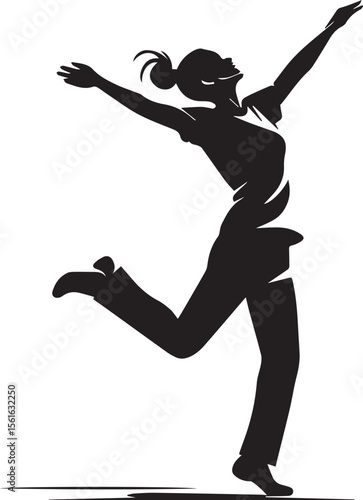 Silhouette of Joyful Freedom: An artistic silhouette captures a woman in a moment of unbound elation, dancing with arms outstretched, legs in mid-stride, a pure embodiment of carefree joy.