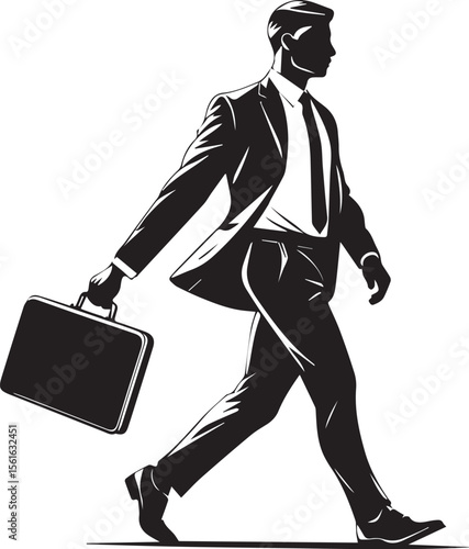 On the Move: A silhouette of a businessman in a suit strides forward with confidence, carrying a briefcase, embodying ambition and purpose.