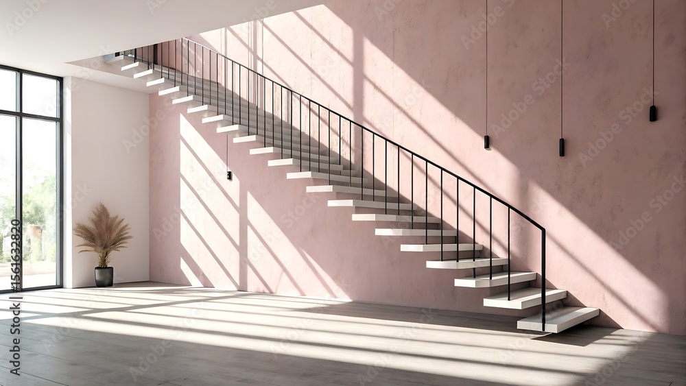 Obraz premium Modern Floating Staircase Bathed in Warm Sunlight and Shadows