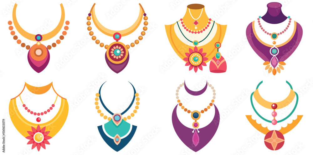 Fototapeta premium Collection of decorative necklaces and earrings in various styles vector illustrations