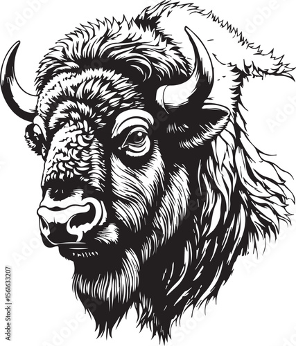 American Bison Head: Majestic illustration of an American bison head, showcasing its powerful horns, thick fur, and intense gaze.