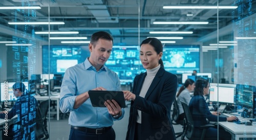 Diverse team collaborates on a tablet in a modern data center control room
