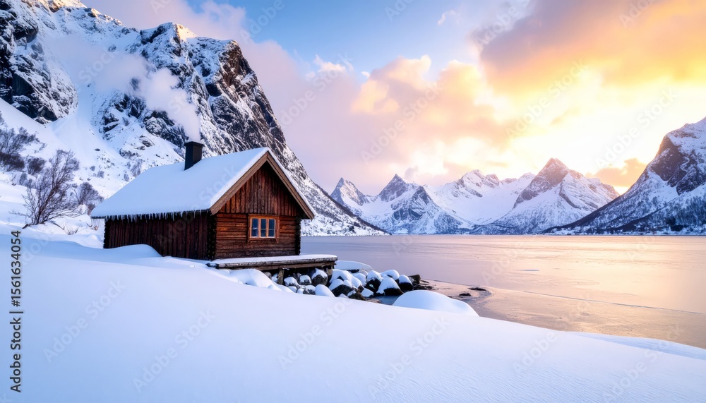 Fototapeta premium Cabin by snowy mountain, winter scene