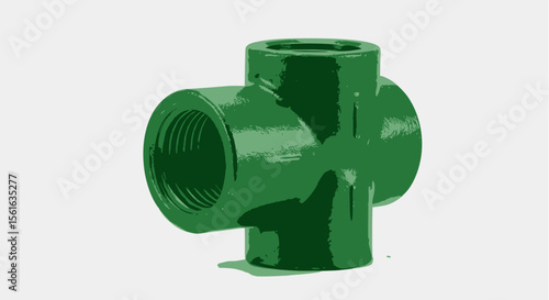 Green threaded pipe cross fitting on white background.