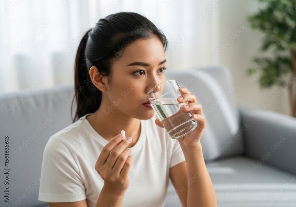 Woman taking pill with water in calm home setting Woman taking pill with water in calm home setting