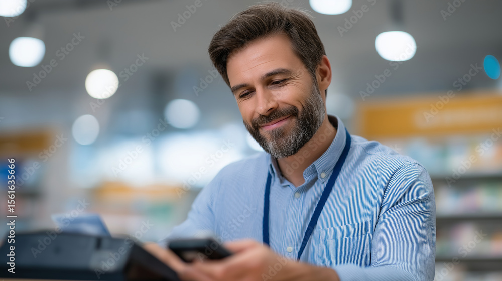 Fototapeta premium Pharmacy Cashier Scanning Medicine with Barcoder Reader in Action