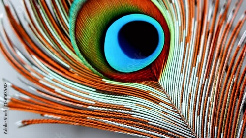 A psychedelic image of a peacock feather, with intricate patterns and vibrant colors of orange, teal, and white, grainy and ornate.