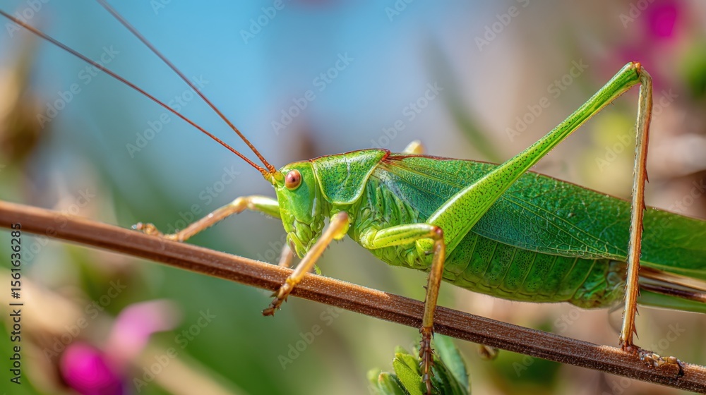 Fototapeta premium Close-up of vibrant green grasshopper perched on a thin branch in natural outdoor setting.