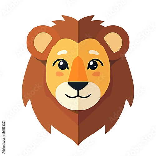 Cute cartoon lion head illustration, flat design style, perfect for kids products, branding, and logos, featuring a friendly and approachable expression against a white background.