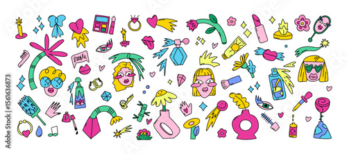 Colorful Doodle Beauty Elements Set A vibrant and playful vector illustration featuring a set of surreal, beauty-themed doodle elements on a white background. Includes cosmetic icons