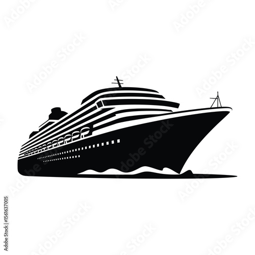 Cruise Ship Silhouette, Vector, Illustration, Icon, Logo, White Background.