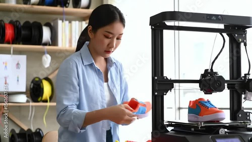 A woman examines an orangeblue shoe being created on a 3D printer in a workshop setting