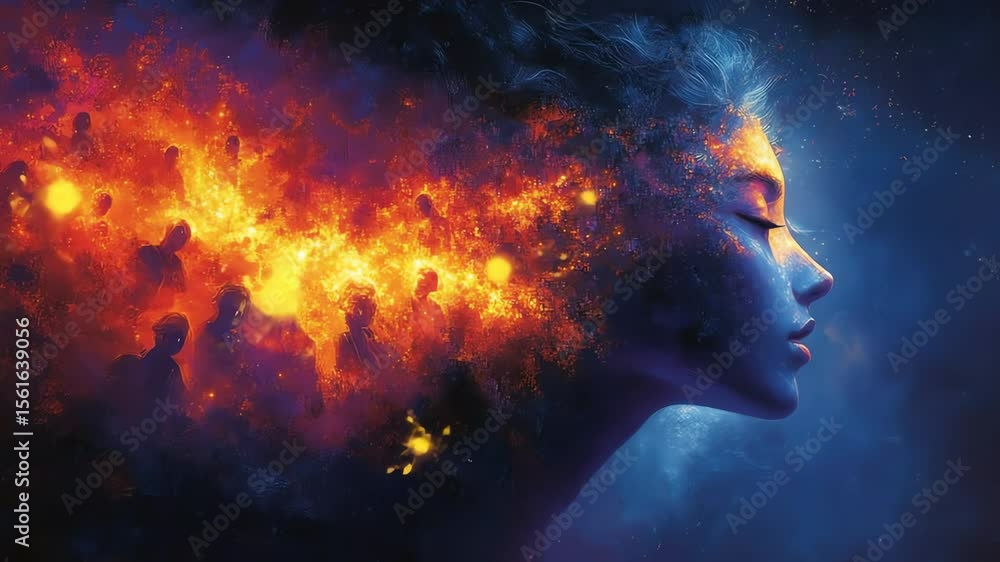 A womans profile with a fiery crowd forming her hair set against a dark blue ethereal backdrop with light flares A womans profile with a fiery crowd forming her hair set against a dark blue ethereal backdrop with light flares