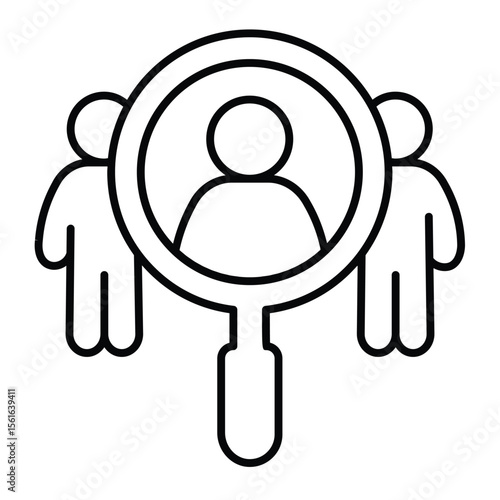 Magnifier and man thin line icon, design recruitment concept. Vector graphics. Search for job candidate, human recourse sign on white background, style mobile or design.