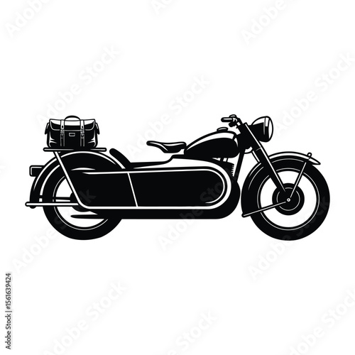 Motorcycle with Sidecar Silhouette, Vector, Illustration, Icon, Logo, White Background.