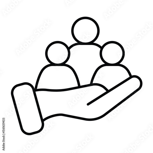 Hand with candidates group thin line icon, design recruitment concept. Vector graphics. People crowd in hand, human recourse sign on white background, style mobile or design.