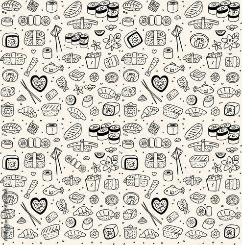 Hand-drawn sushi and Japanese food doodle pattern. Seamless background featuring sashimi, nigiri, maki, chopsticks, fish, and hearts. Perfect for food blogs, menus, and culinary designs