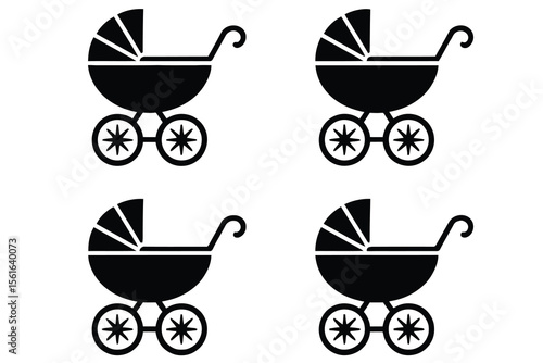 Four Black Baby Strollers Icon Set Simple Design baby carriage