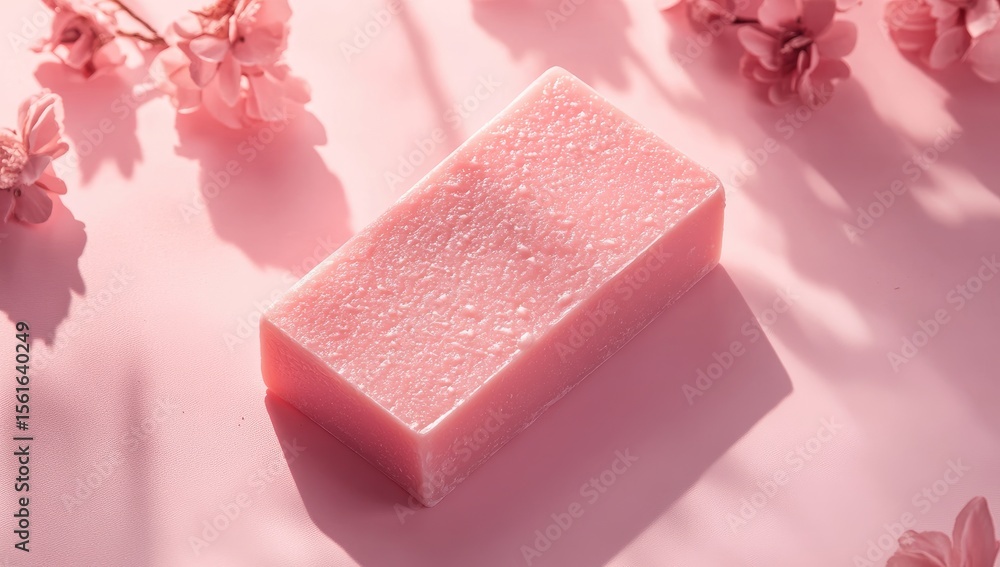 Light pink bar of soap, surrounded by delicate pink blossoms, casts soft shadows on a pale pink backdrop Light pink bar of soap, surrounded by delicate pink blossoms, casts soft shadows on a pale pink backdrop