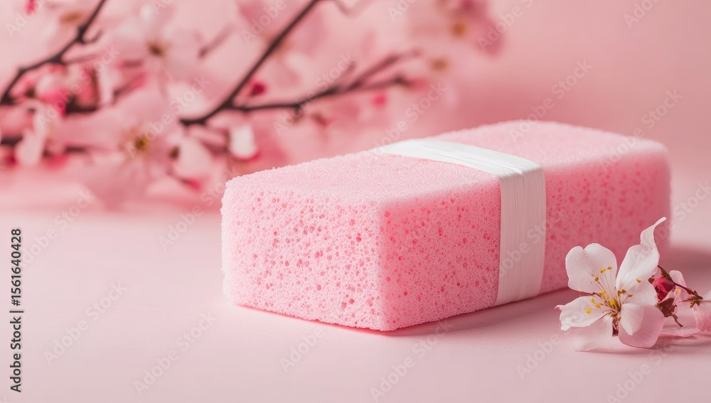 Pink bath sponge nestled amidst spring blossoms Pink bath sponge nestled amidst spring blossoms