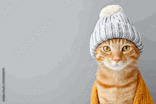 Orange cat wearing knitted hat against gray background  