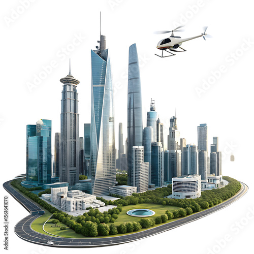 aerial view of dubai, 3D render of building , green view