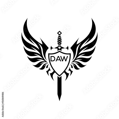 DAW "Warrior Shield and Sword Emblem with Wings Logo," DAW Later Logo, "Black Tribal Winged Sword Crest Vector," "Heraldic Emblem with Wings, Sword, and Shield,"
