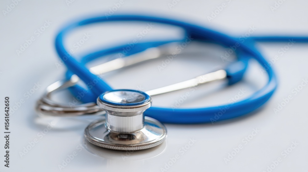 Close-up of a blue stethoscope with silver chest piece and tubing on a light background. Close-up of a blue stethoscope with silver chest piece and tubing on a light background.
